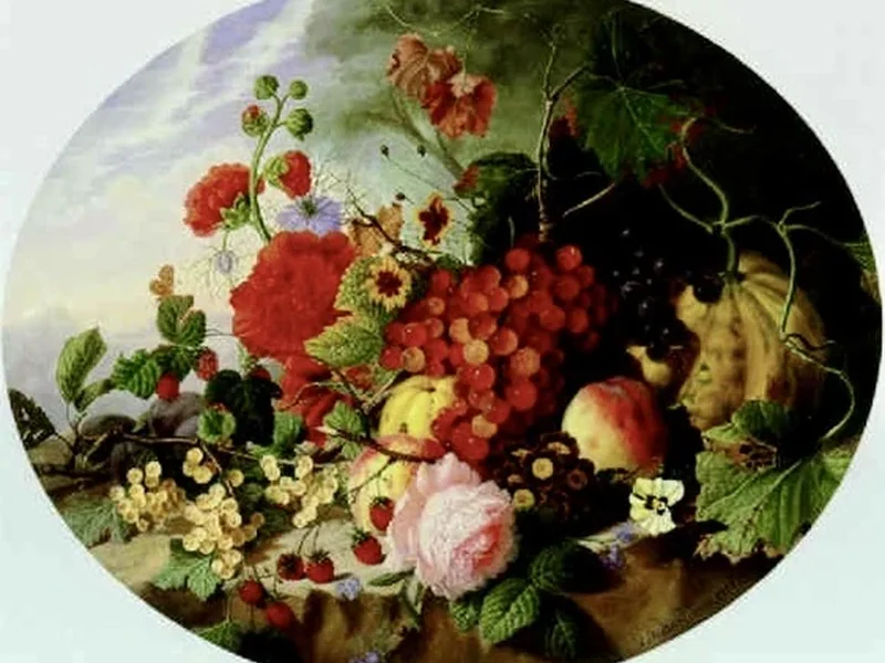 1828-Virginie Sartorius - Natura morta con frutta e fiori su una sporgenza rocciosa